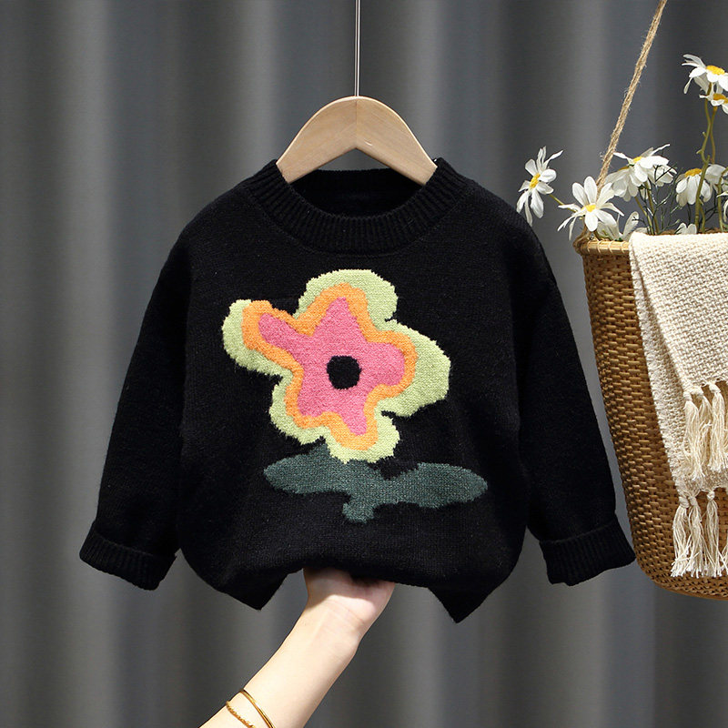 女童休闲毛衣秋冬新款儿童韩版花朵针织衫上衣宝宝洋气套头毛线衣