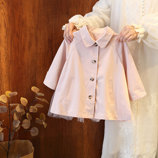 女童2026春秋新款日系翻领单排扣中长款风衣女宝宝宽松小香风外套