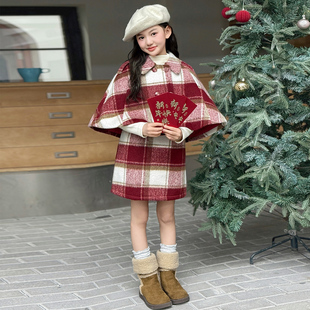女童冬季夹棉加厚斗篷连衣裙套装2025新款韩版洋气女大童秋冬裙子