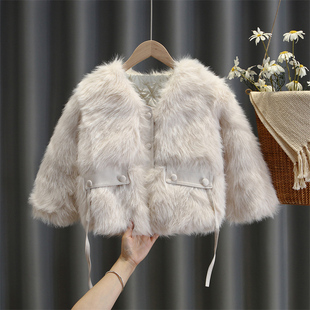 女童皮草外套夹棉冬季2024新款韩版小女孩仿皮毛新年洋气时髦童装