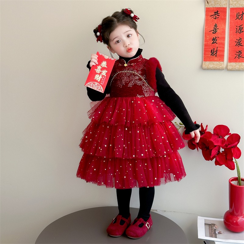 女童连衣裙秋冬2025新款儿童洋气冬装宝宝时髦加绒加厚冬季拜年服