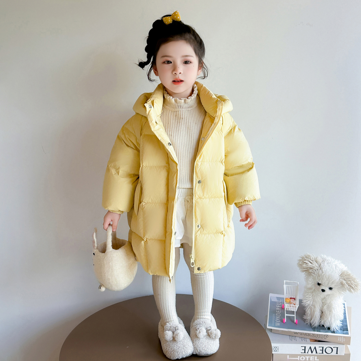 女童羽绒服2025新款中长款黄泡芙冬季女宝宝冬装加厚儿童外套洋气
