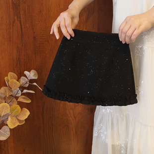 女童秋冬加厚毛呢半身裙女高腰A字短裙黑色木耳边显瘦气质防走光