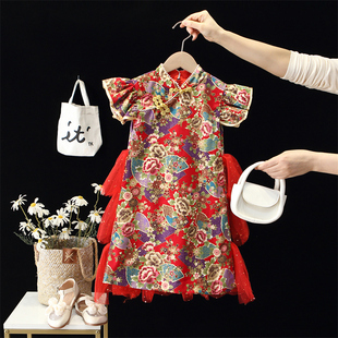 女童国风旗袍裙2025夏装新款儿童唐装中大童红色新中式演出礼服裙