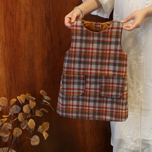 女童复古格子毛呢背心裙秋冬儿童洋气甜美女中小童宝宝无袖连衣裙
