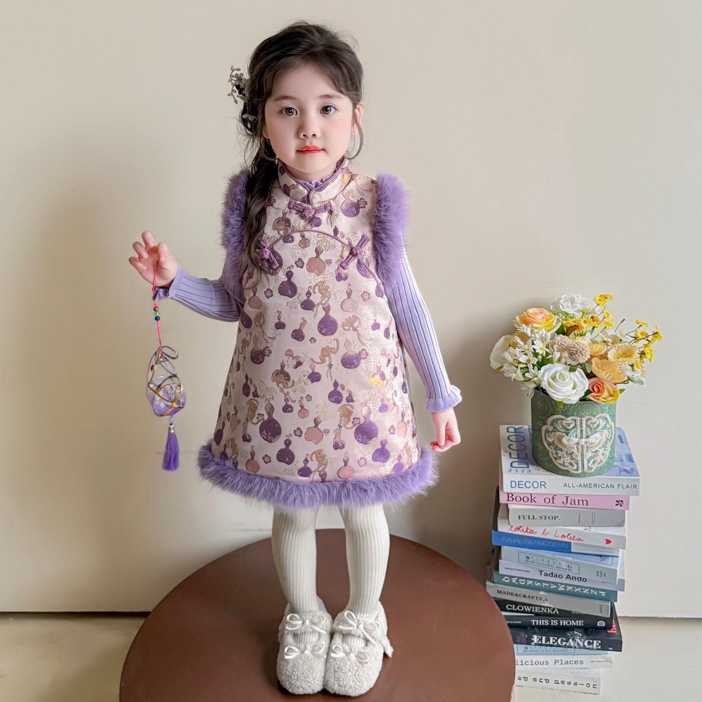 女童新中式古风旗袍年服裙套装2025冬季新款小女孩洋气毛衣连衣裙