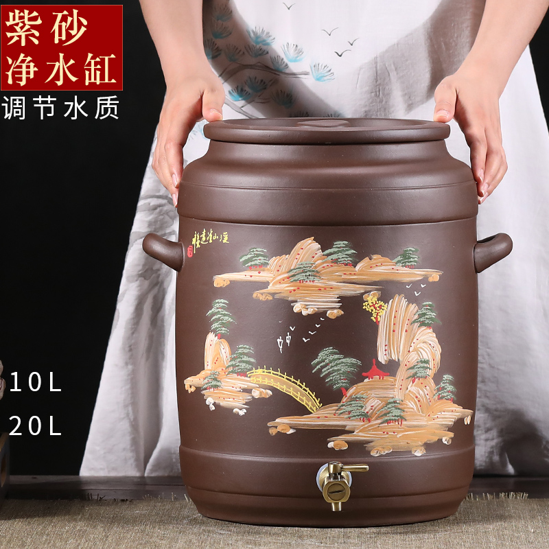 宜兴原矿紫砂水缸带龙头家用抽水式茶桶陶瓷饮水缸储水罐净水器