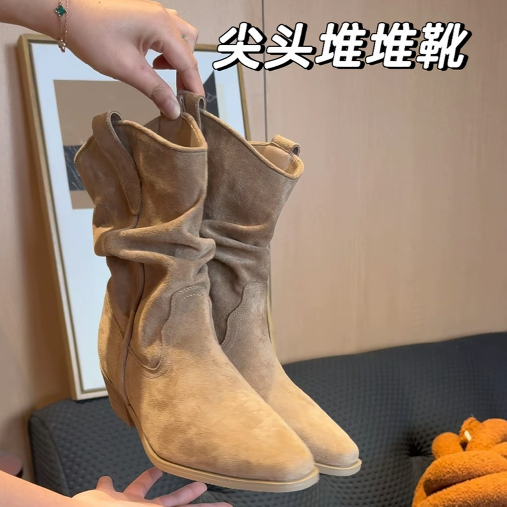 赵露思同款高跟靴复古堆堆靴V口马丁靴女鞋2025秋季尖头小短靴子