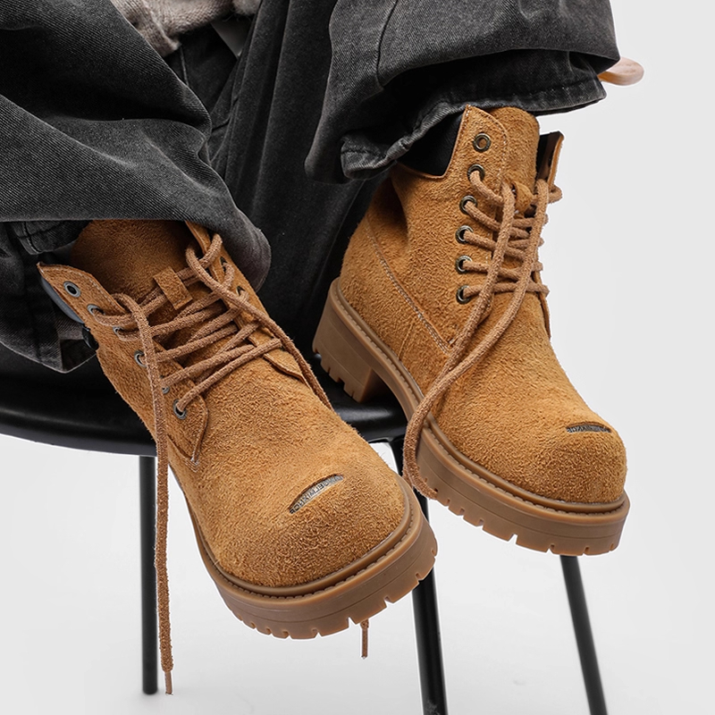 高级感痞帅米奇大黄靴男款秋季厚底增高大头靴反绒皮机车马丁靴潮