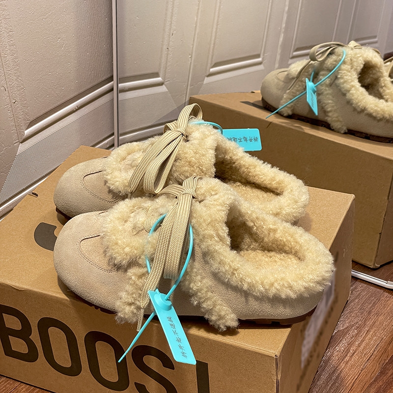 羊皮毛一体毛毛鞋女外穿2025新款冬季加绒加厚保暖棉鞋平底豆豆鞋,女鞋,包头拖,淘宝优惠券,粉丝福利购,淘宝优惠卷