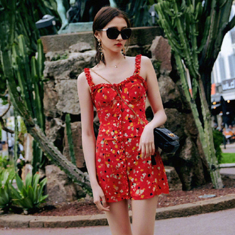 关晓彤新款法式复古碎花吊带裙仙女修身小个子连衣裙女夏沙滩裙子