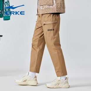 鸿星尔克男士运动裤春夏季新款工装裤休闲九分裤直筒卡其色长裤子