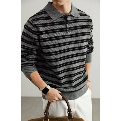 复古撞色条纹翻领毛衣