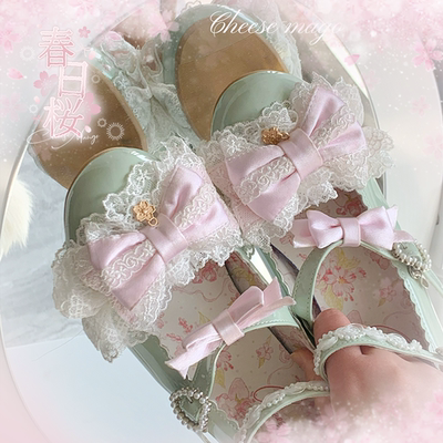 定金春日樱新色芝士芒芒物语lolita樱花鞋跟蝴蝶结圆头Lo鞋