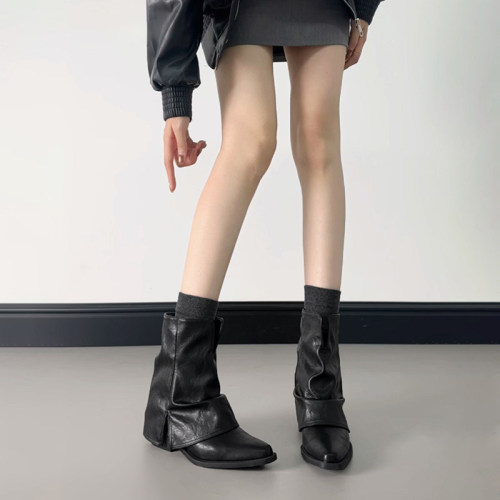 秋冬季厚底粗跟尖头马丁靴女2026新款秋中筒裤管堆堆靴西部0913z