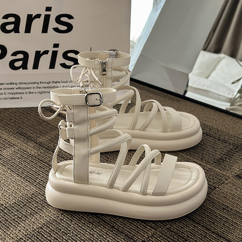 thumbnail for Thick-soled roman sandals women's 2025 new summer design sense with skirt casual lace-up high-top beach shoes