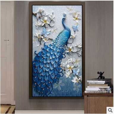 新款直销新款5D钻石画孔雀蓝色竖版玄关钻石绣满钻客厅点钻十字绣