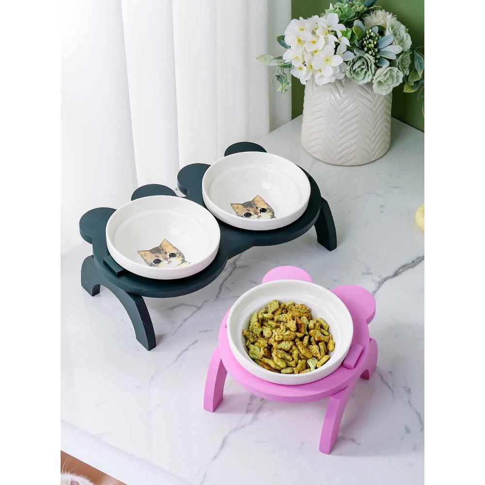新款直销宠物碗猫碗狗碗高脚木架双碗卡通水碗出口外贸陶瓷造型猫