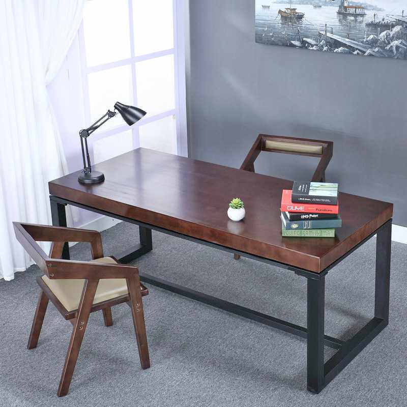 新款直销实木办公电脑桌美式书桌铁艺复古会议餐桌椅组合实木加厚