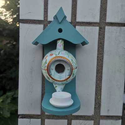 新款直销Bird House and Feeder 威廉莫里斯青色茶壶鸟屋和喂食器