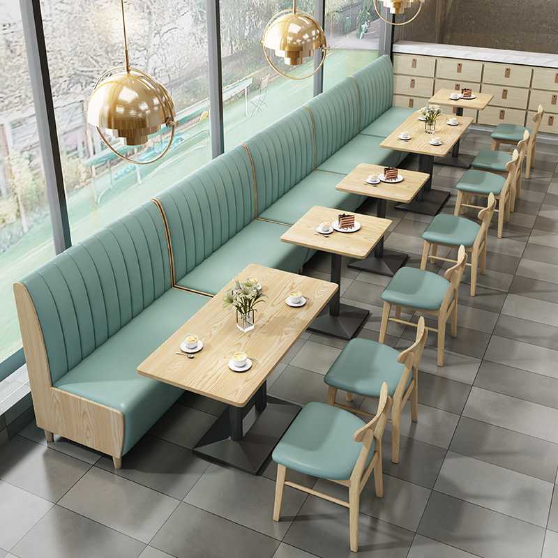新款直销直营小清新实木纳帕皮奶茶店餐饮店卡座沙发桌椅组合套装