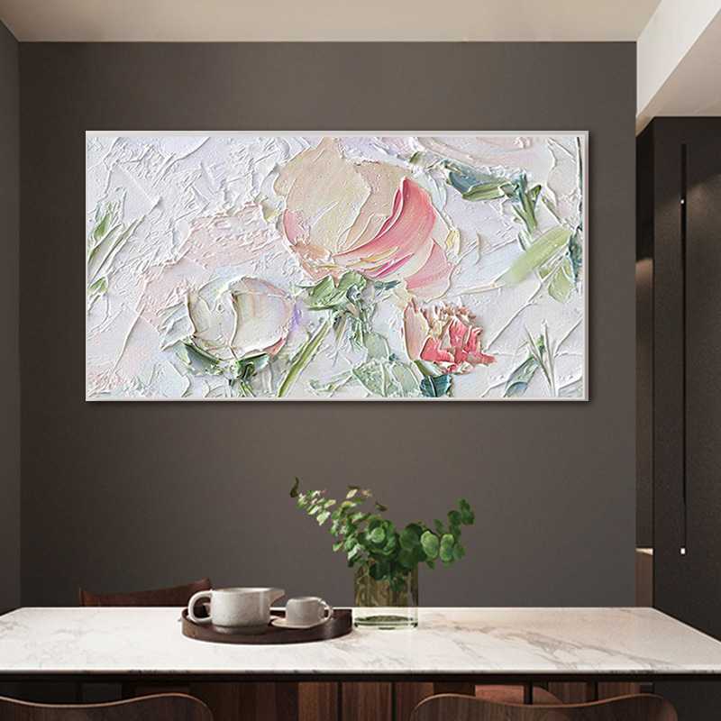 新款直销手绘油画牡丹花卉餐厅轻奢装饰画玄关竖版壁画客厅沙发背图片