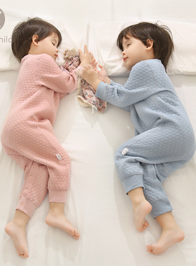 妙贝亲儿童连体睡衣春秋冬季夹丝纯棉保暖婴儿家居服睡袋宝宝睡衣