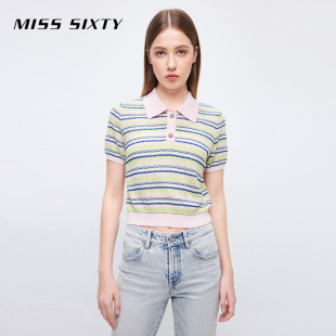 弹力毛针织 女Polo领条纹拼色短袖 Miss Sixty套头衫