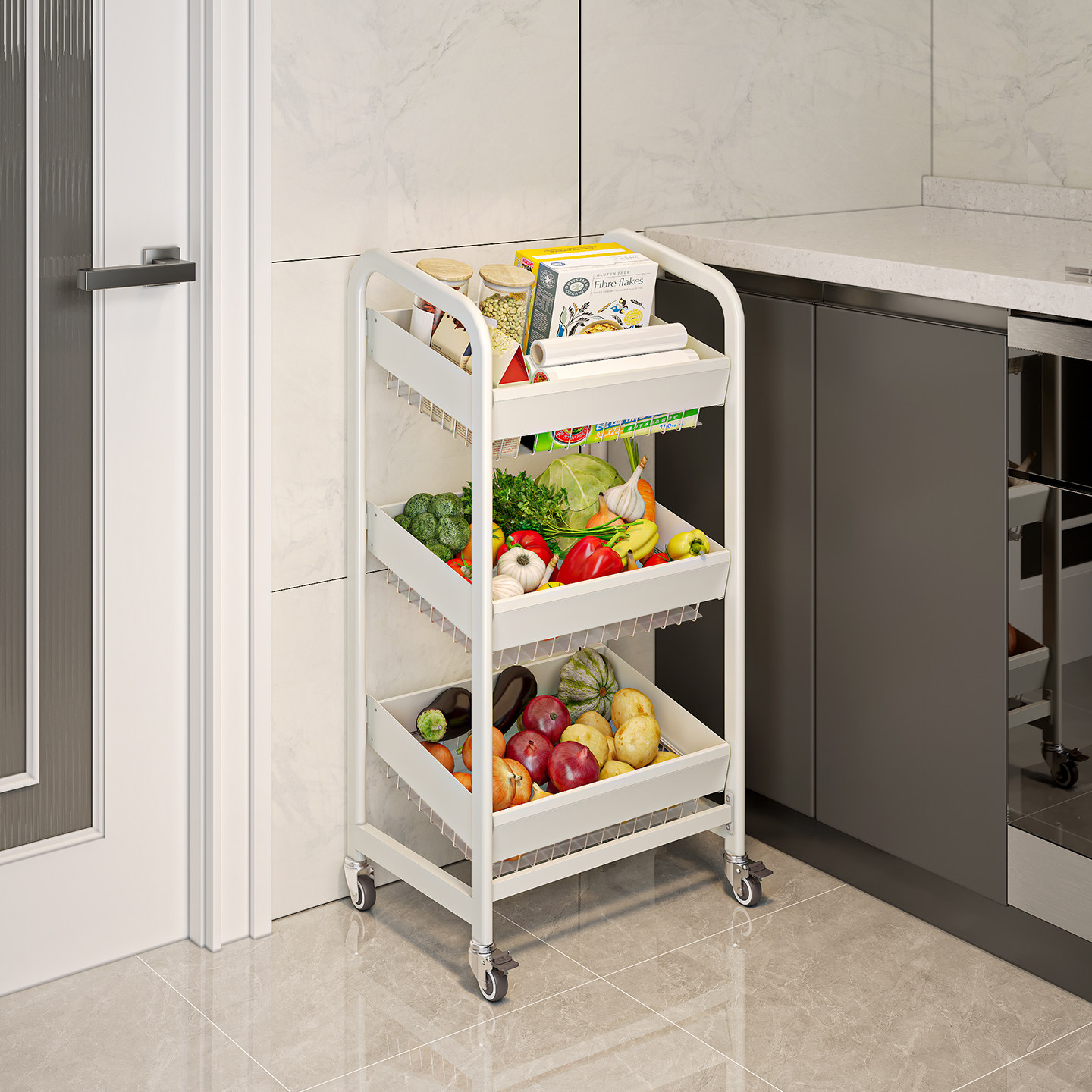 新款厨房蔬菜置物架落地多层小推车家用水果零食多功能斜口收纳架,厨房/烹饪用具,厨房置物架/置物柜/角架,淘宝优惠券,粉丝福利购,淘宝优惠卷