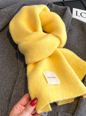 鹅黄嫩黄嫩黄色针织毛线仿羊绒厚围巾女生秋冬季儿童围脖短小护颈
