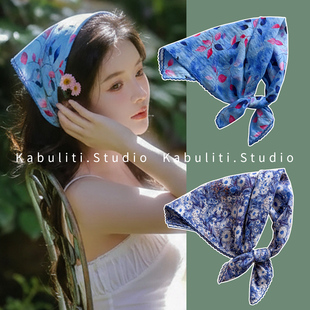 小方巾丝巾女扎染蓝色法式三角包头防晒发带护颈围脖子薄纱巾围巾