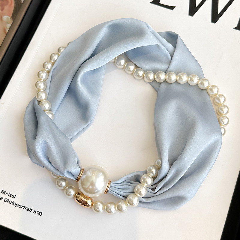 磁吸扣珍珠项链小长条丝巾女士懒人锁骨护颈围脖子搭配衬衫薄围巾
