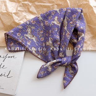 小方巾丝巾女紫色雏菊三角包头防晒发带护颈围脖子衬衫薄纱巾围巾