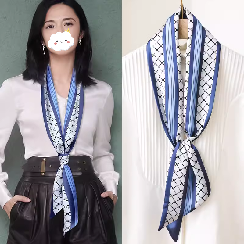 蓝色条纹小长条丝巾女薄围巾搭配衬衫职业装飘带装饰脖子领带腰带