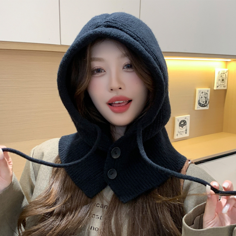 拉克拉法帽子女生冬季黑色围巾连体护颈围脖子护耳包头毛线针织帽