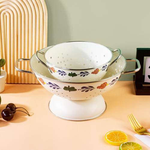 新款直销北欧复古沥水篮家用客厅水果盘ins奶油风双耳水果盘大号