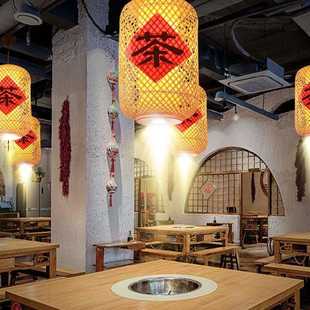 新款直销中式火锅店灯笼吊灯带射灯餐饮店小吊灯饭店印花超亮竹编