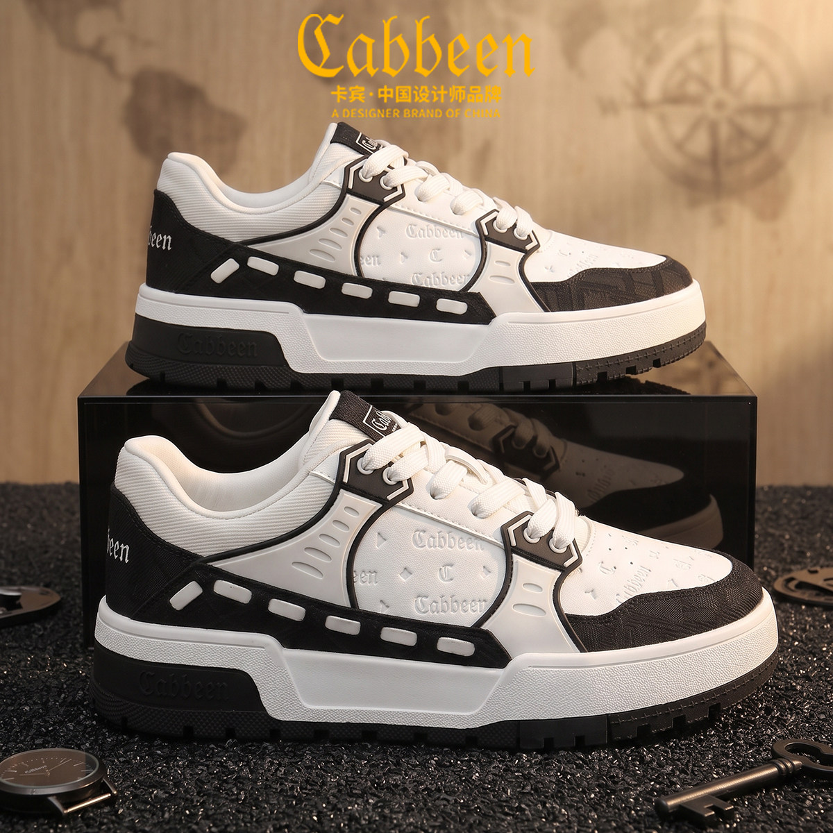 Cabbeen/卡宾男生板鞋压花轻奢秋季爆款复古厚底增高休闲秋天男鞋