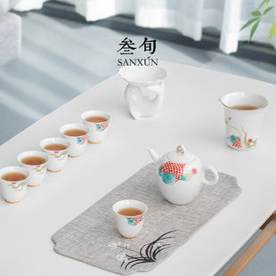 宫鱼迎嬉茶具套装 叁旬 家用客厅轻奢整套陶瓷泡茶壶功夫6人小茶杯