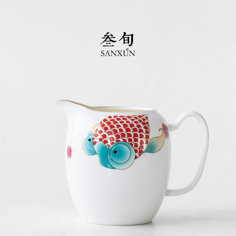 叁旬宫鱼迎嬉执耳公道杯创意陶瓷匀杯功夫茶具配件家用茶海分茶器,餐饮具,公道杯,淘宝优惠券,粉丝福利购,淘宝优惠卷