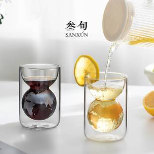叁旬地球杯水杯高硼硅双层玻璃杯家用耐高温女士高颜值情侣泡茶杯