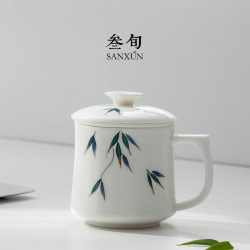 叁旬手绘常青竹水杯创意带盖陶瓷