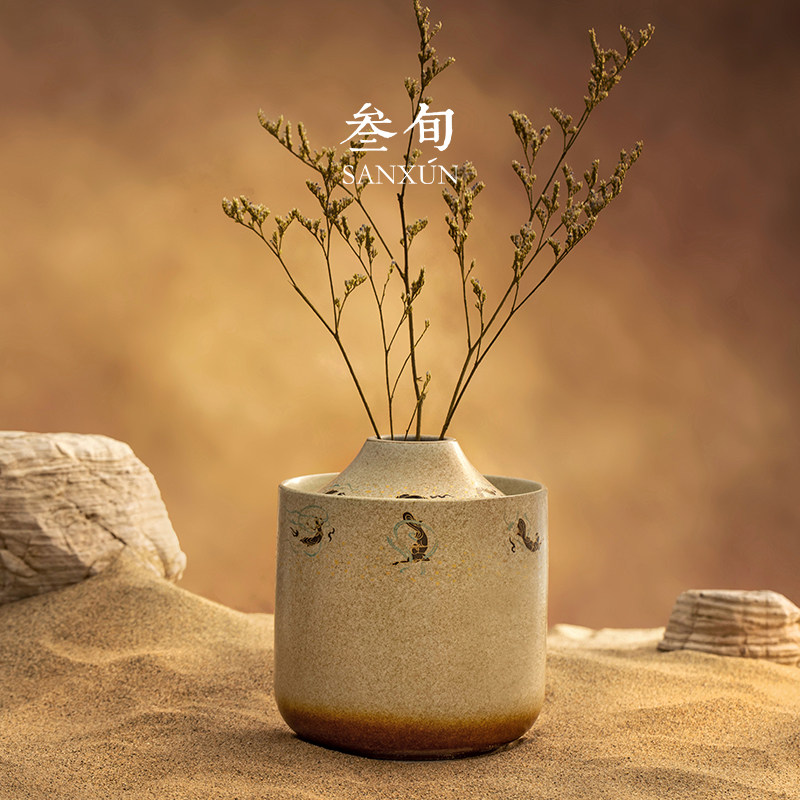叁旬敦煌飞天花插家用客厅轻奢高级感花瓶摆件艺术陶瓷禅意小花器,家居饰品,花瓶,淘宝优惠券,粉丝福利购,淘宝优惠卷