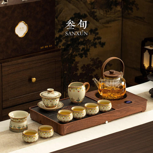 敦煌宝相花汝窑盖碗泡茶茶具套装