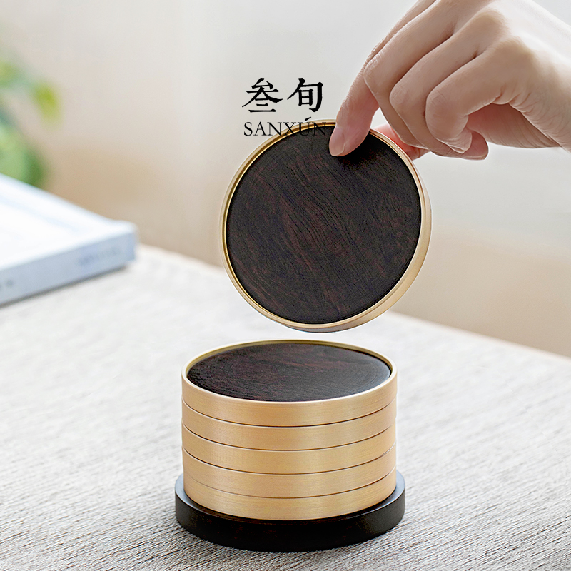 叁旬铜木杯垫黑檀实木茶杯垫功夫茶具茶杯托创意茶道配件隔热垫子