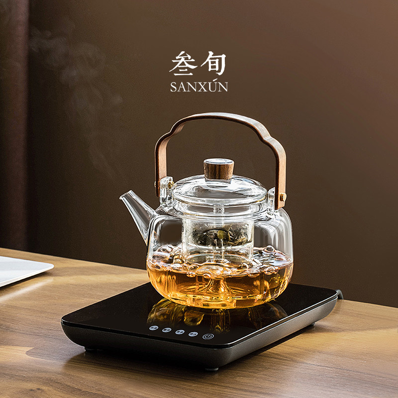叁旬 素净玻璃煮茶器黑晶炉蒸煮茶壶烧水壶小型静音电热泡茶炉超