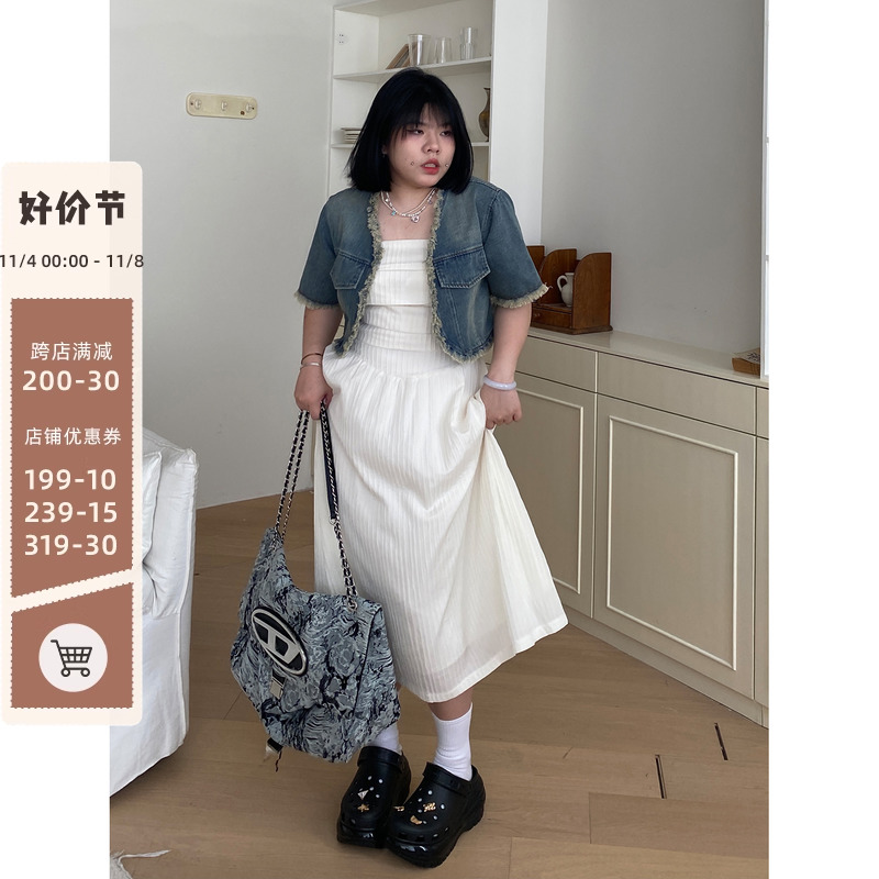 小胖噔 牛仔外套抹胸连衣裙夏季胖mm微胖宽松大码收腰显瘦两件套