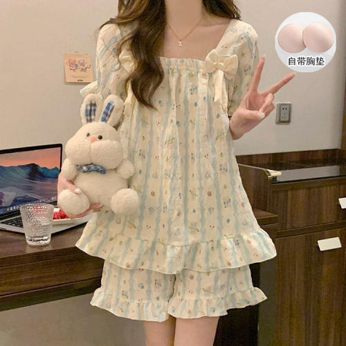 带胸垫睡衣女夏短袖短裤云朵棉网红薄款可爱甜美卡通套装家居服装