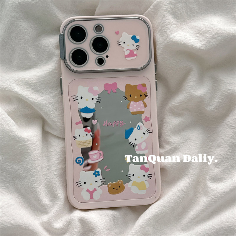 ins粉色镜面大视窗kitty猫适用iphone16苹果16pr