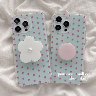 13女款 ins少女日韩蓝色波点花朵支架适用iphone16苹果16pro手机壳14promax新款 15简约13pro双层壳14全包硬壳